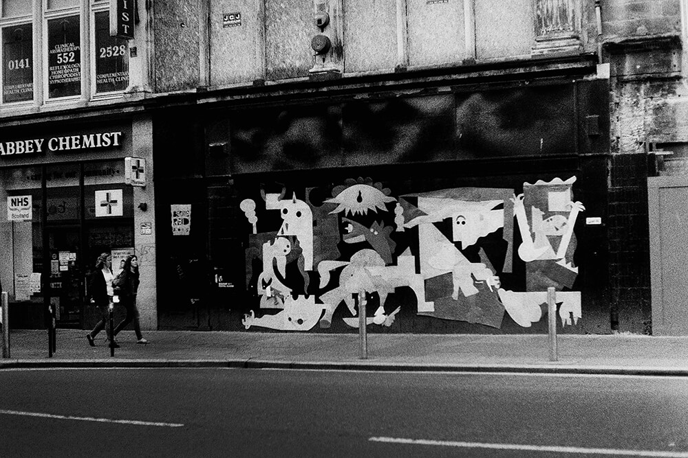 Guernica recreated with Lino flooring left overs, Argyle Street, Glasgow ©Samuel F.